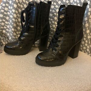 Black Croc-Embossed Lace-Up Ankle Boots
